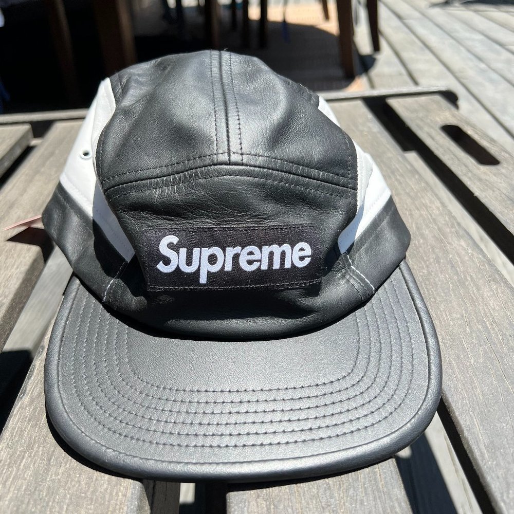 Supreme Leather Camp Cap black and white